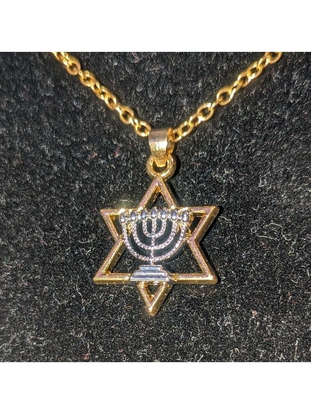 Necklace--Silvery 7 Branch Menorah over Golden Star of David